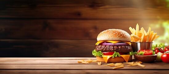 cheeseburger with fries and ketchup on rustic table top. Copy space image. Place for adding text