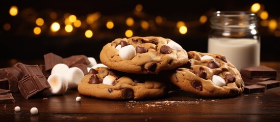 Chocolate chip and marshmallow dark chocolate cookies served with milk. Copy space image. Place for...