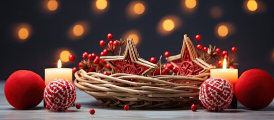 Advent wreath from willow wicker with four lighted red candles cinnamon star cookies and berries holiday decoration for Christmas time copy space selected focus narrow depth of field