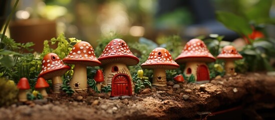 A pair of clay figurines of fantasy toadstool shaped castles with stairs towers and windows on the forest floor of a Potter s garden. Copy space image. Place for adding text - obrazy, fototapety, plakaty