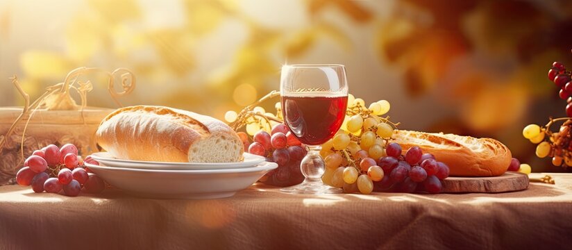 Communion elements with wine bread wheat grapes and cup on vintage table with sunlight flair effect. Copy space image. Place for adding text