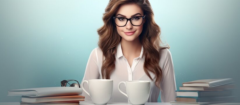 Charming and dreamy woman thinking looking down and holding white cup Gorgeous model having chestnut hair wearing in white shirt and spectacles Containers with pencils on table. Copy space image