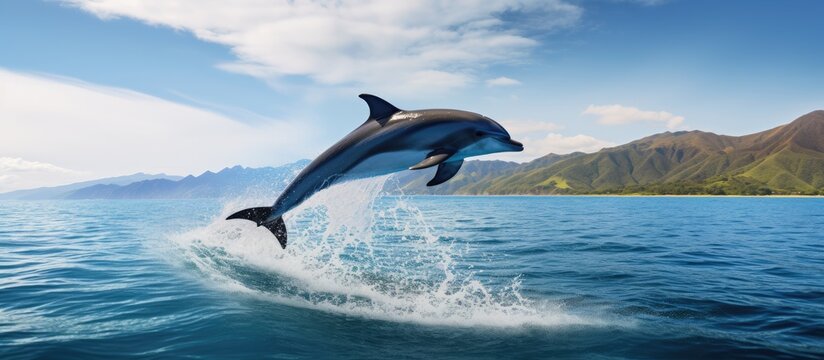 A surfacing common dolphin Delphinus delphis off the coast of Sao Miguel Azores. Copy space image. Place for adding text