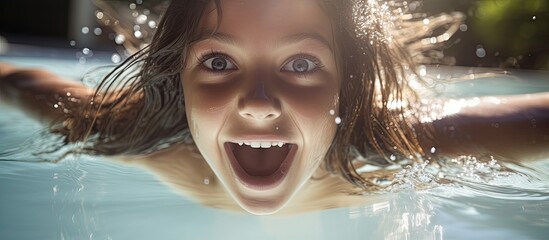 A tween girl in a swimming pool covers her mouth with her hand She is embarrassed to have her crooked teeth show in pictures She looks a bit surprised or scared. Copy space image - Powered by Adobe