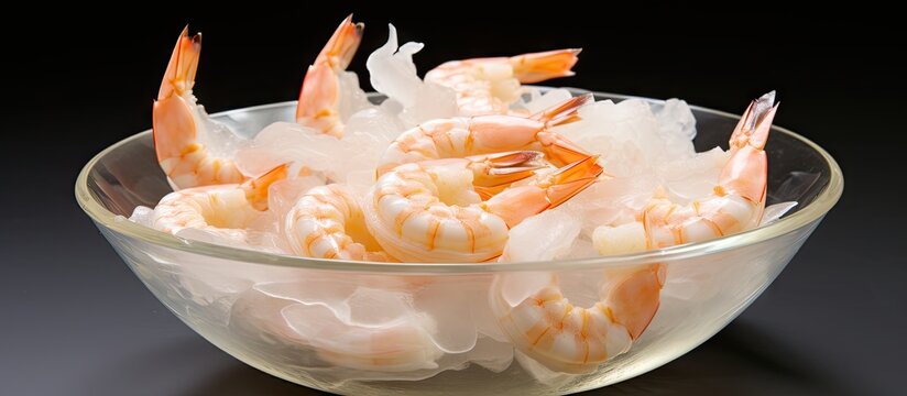 A bowl of fresh raw pacific white shrimp peeled with tail on. Copy space image. Place for adding text