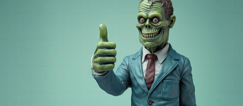 A toy zombie made of plasticine with thumbs up. Copy space image. Place for adding text