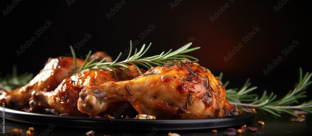 Poster close view roasted chicken legs with rosemary. copy space image. place for adding text