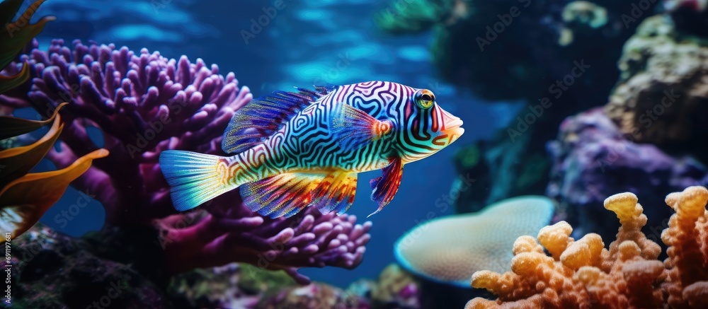 Poster a picture of a mandarin fish swimming in the coral. copy space image. place for adding text