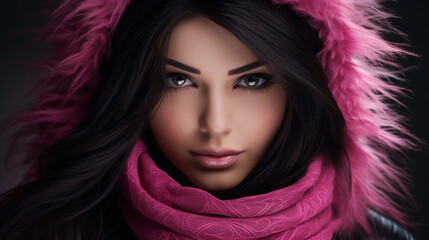 a beautiful woman with wonderful eyes, wearing a pink ski mask, beautiful black wavy hair, warmcore, cute and dreamy, eye catching - obrazy, fototapety, plakaty