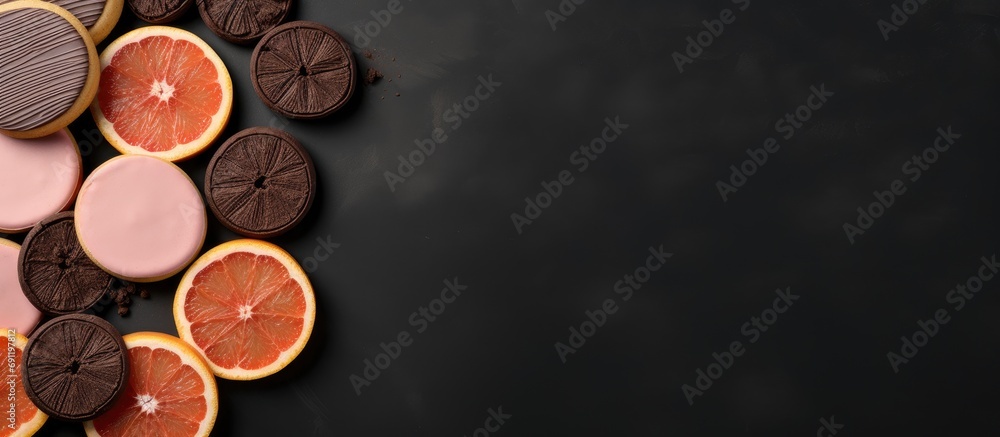 Poster a top view grapefruits cookies chocolate sliced juicy on the grey desk. copy space image. place for 