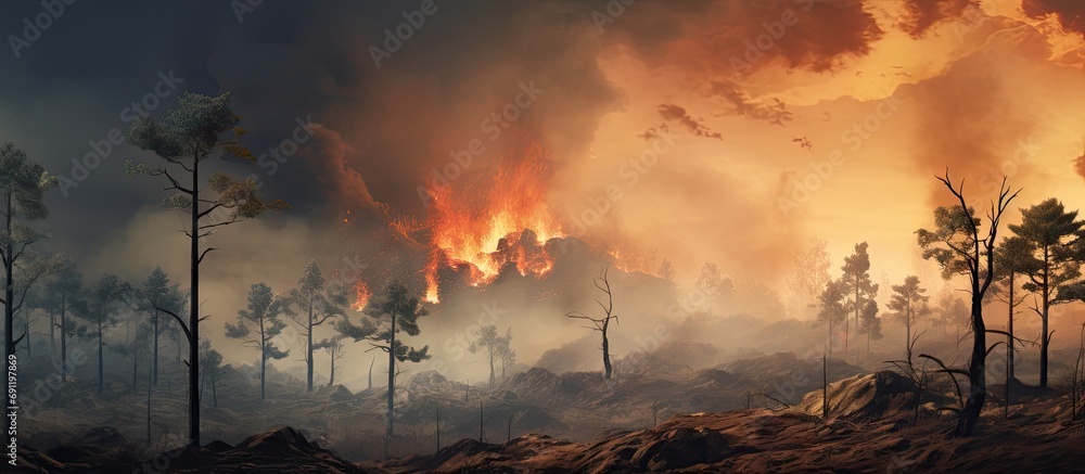Poster a wildfire in forest due to continuous dry weather in summer. copy space image. place for adding tex