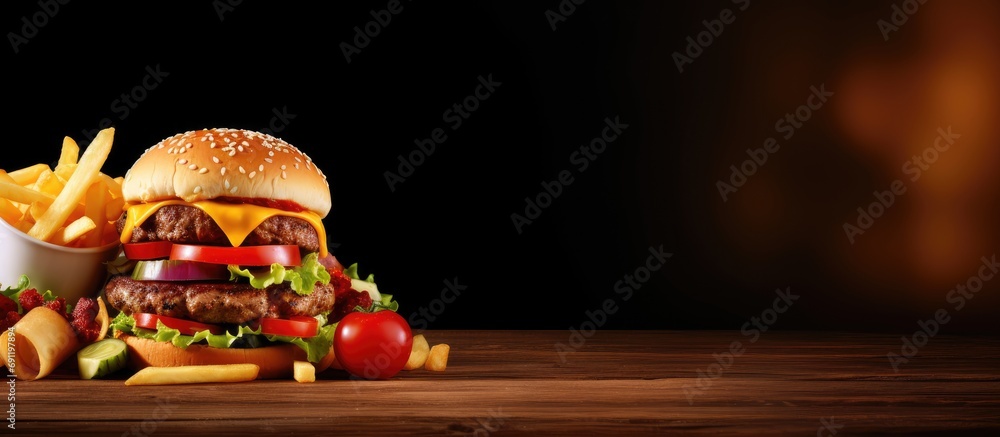 Aufkleber cheeseburgers and fries on table top with onion tomato lettuce and cheese. copy space image. place f