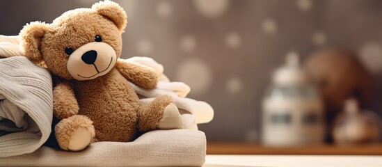 Brown stuffed teddy bear sitting on stack of clean cotton towels or clothes Childhood care clothing and plush toy for children in orphanage Doll for nursery or charity Website banner web page