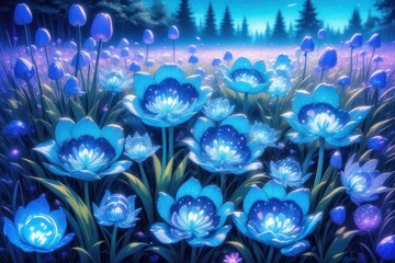 bright blue flowers in a field of surreal tulips, peaceful, Plants and Flowers concept, generative ai