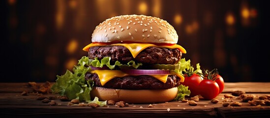 Burger burger king hamburger zinger burger fast food restaurant food cheese buns. Copy space image. Place for adding text - obrazy, fototapety, plakaty