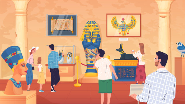 People in egyptian museum. Tourists visiting egypt museums with mummies ancient artwork statue pharaoh tomb, guide in cairo old history gallery interior cartoon vector illustration