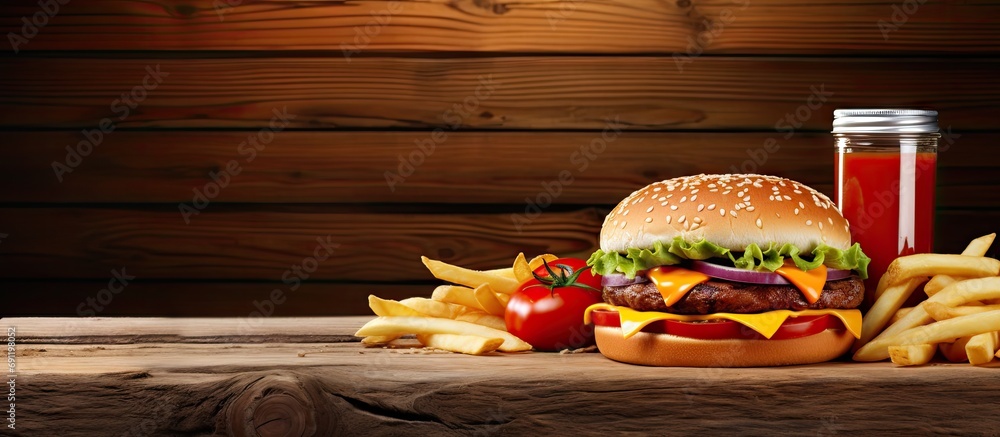 Aufkleber cheeseburger with fries and ketchup on rustic table top. copy space image. place for adding text