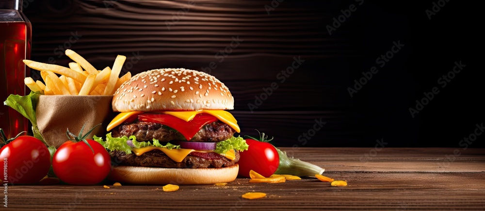 Aufkleber cheeseburger with fries and ketchup on rustic table top. copy space image. place for adding text