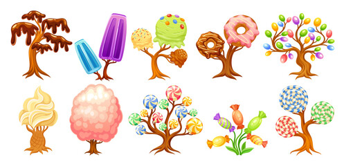 Fantasy candy sweets. Magic sweet world building element, chocolate tree caramel mushroom sugar lollipop flower cartoon confectionery fairytale dessert neoteric vector illustration