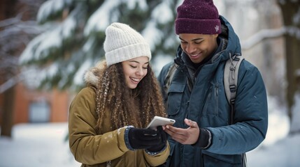 Outdoors, a multi-ethnic couple clad in winter attire stands, each engrossed in their smartphones. Their animated expressions reflect excitement, showcasing their engagement with technology. 