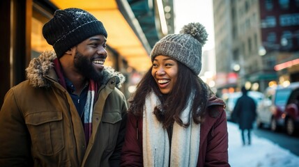 Outdoors, a multi-ethnic couple clad in winter attire stands.