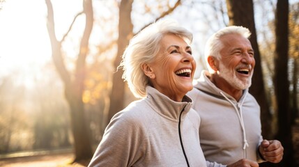 An energetic senior couple, brimming with joy, jogs together in the park. Their smiles radiate warmth and vitality as they enjoy their active lifestyle.