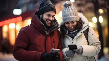 Outdoors, a multi-ethnic couple clad in winter attire stands, each engrossed in their smartphones. Their animated expressions reflect excitement, showcasing their engagement with technology. 