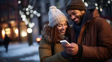 Outdoors, a multi-ethnic couple clad in winter attire stands, each engrossed in their smartphones. Their animated expressions reflect excitement, showcasing their engagement with technology. 