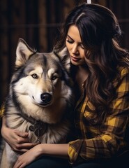  a woman and a Timberwolf in a close portrait, friends, in a vertical format in a togetherness-themed, photorealistic illustration in JPG. Generative ai