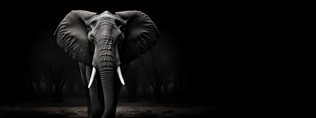 Fototapeta na wymiar a Bull Elephant with tusks in a black and white photo, Chiaroscuro lighting with room for copy in a dramatic Wildlife-themed, horizontal format of photorealistic illustration in JPG. Generative ai