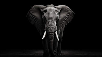 a Bull Elephant with tusks in a black and white photo, Chiaroscuro lighting with room for copy in a dramatic Wildlife-themed, horizontal format of photorealistic illustration in JPG. Generative ai