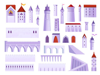 Castle constructor. Medieval castles elements bastion simple construction, fortified tower spire ancient fairy kingdom town fortress bridge, cartoon ingenious vector illustration