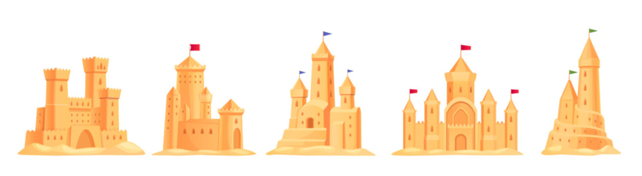 Cartoon sand castles. Isolated sandcastles, sands castle construction on sea beach for children play sandcastle sculpture kid summer toy magic palace ingenious vector illustration