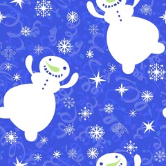 Cartoon winter ice seamless snowman and snowflakes pattern for Christmas packaging and new year