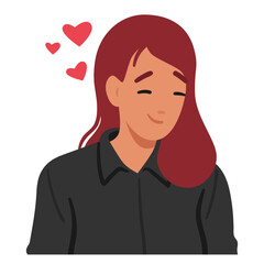 Woman In Love Wears A Radiant Smile, Her Eyes Gleaming With Joy. Blush Adorns Female Character Cheeks