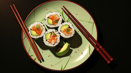  Sushi on a green plate with chopsticks, top view, on a dark background, and room for copy in an Oriental food-themed, photorealistic illustration in JPG. Generative ai