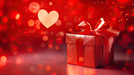 Fototapeta premium Red gift box with satin ribbon on glowing red background with heart-shaped bokeh lights