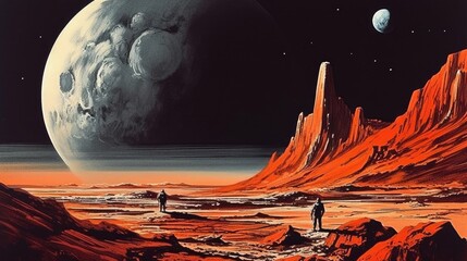 an Astronaut on the surface of Mars in a horizontal format, retro illustration in JPG. Generative ai