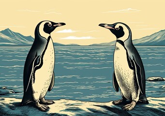 two penguins at sunrise in a side view nature-themed, horizontal format of photorealistic illustration in JPG. Generative ai