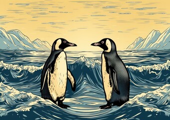 two penguins at sunrise in a side view nature-themed, horizontal format of photorealistic illustration in JPG. Generative ai