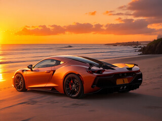 Fototapeta na wymiar Supercar on the beach at sunset