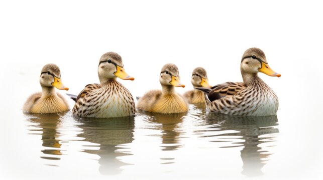 Ducklings swimming, front view on a light background in a horizontal format in a Spring-themed, photorealistic illustration in JPG. Generative ai