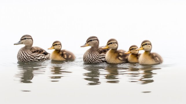 Ducks and ducklings swimming together on a light background in a horizontal format in a Spring/Summer-themed, photorealistic illustration in JPG. Generative ai