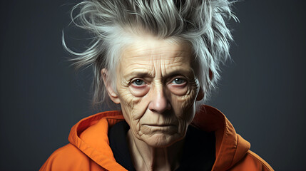 Wild haired elderly woman inmate with a penetrating stare