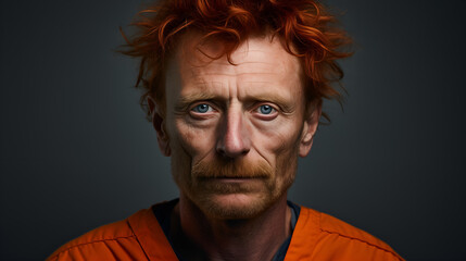 Pensive redhead inmate reflects, close up