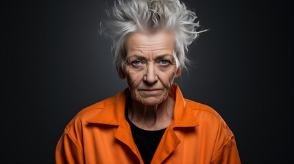 Aging woman prisoner in orange, intense gaze and stern expression