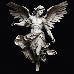 a sculpted marble male Guardian Angel on a dark background, in a square format in an Architectural decor-themed, photorealistic illustration in JPG. Generative ai