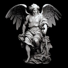 a sculpted marble male Guardian Angel on a dark background, in a square format in an Architectural decor-themed, photorealistic illustration in JPG. Generative ai