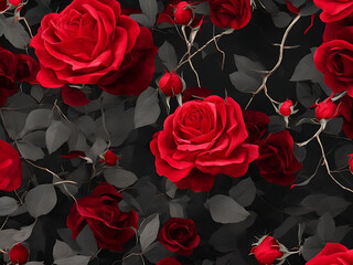 2d surface of red rose and branches with leaves, outline foundation. 3d discussion background for wall painting wall craft stylistic arrangement. Generative Artificial Intelligence.