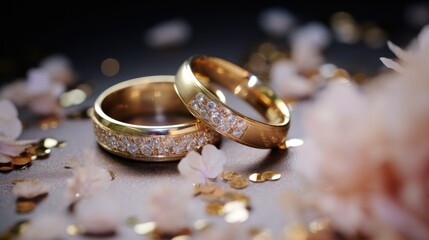 Obraz na płótnie Canvas two matching diamond wedding bands, in a horizontal format with a warm lightinf and soft focus in a Wedding jewelery-themed, photorealistic illustration in JPG. Generative ai